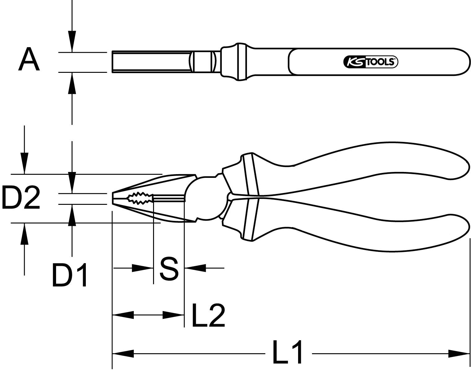 Teckning av en tång med mått: Längd L1, L2; Diameter D1, D2; Skaft S. Märkningen 'KS Tools' syns på handtaget.