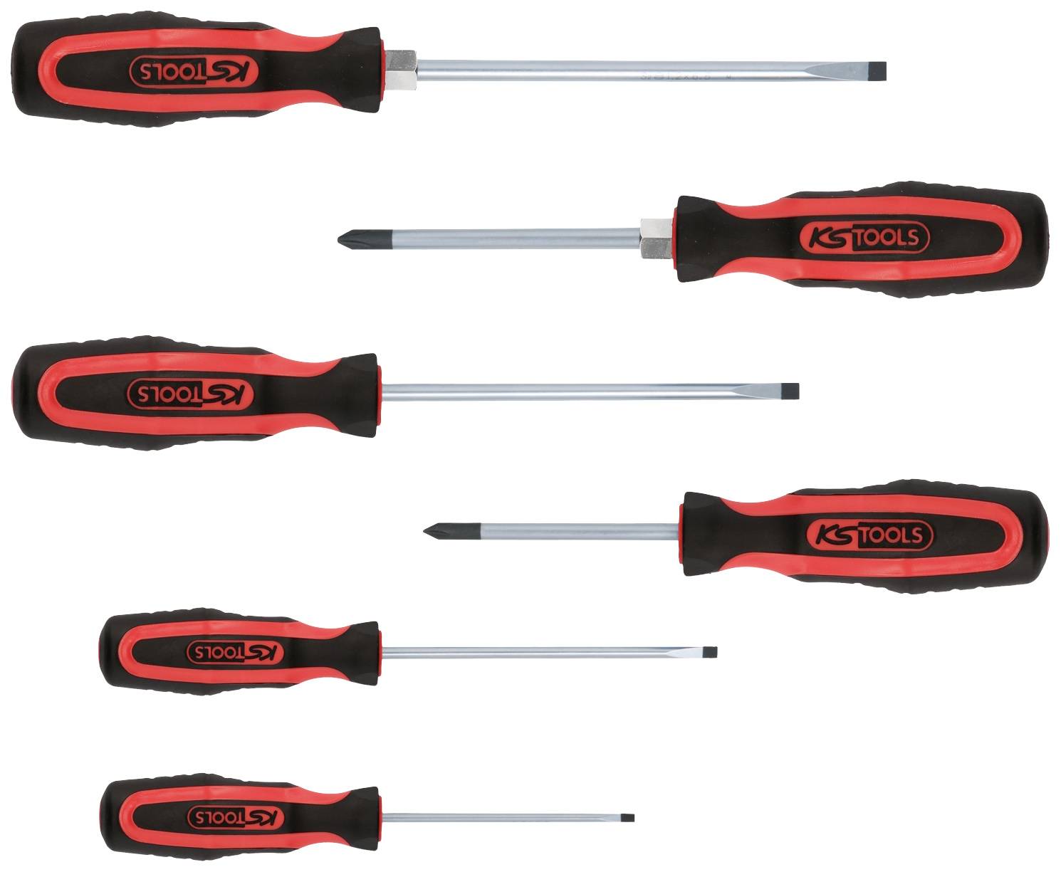 Fem skruvmejslar i olika storlekar med röda och svarta handtag där det står 'KS Tools'. De är placerade bredvid varandra.