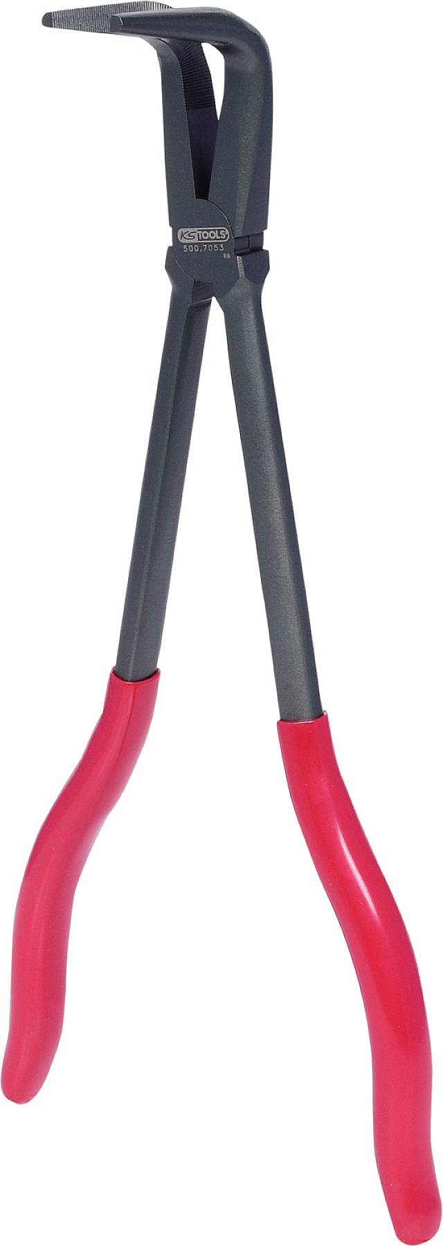 Lång, svart tång med röda handtag, lämplig för svåråtkomliga platser i verkstäder eller för reparationsarbeten.