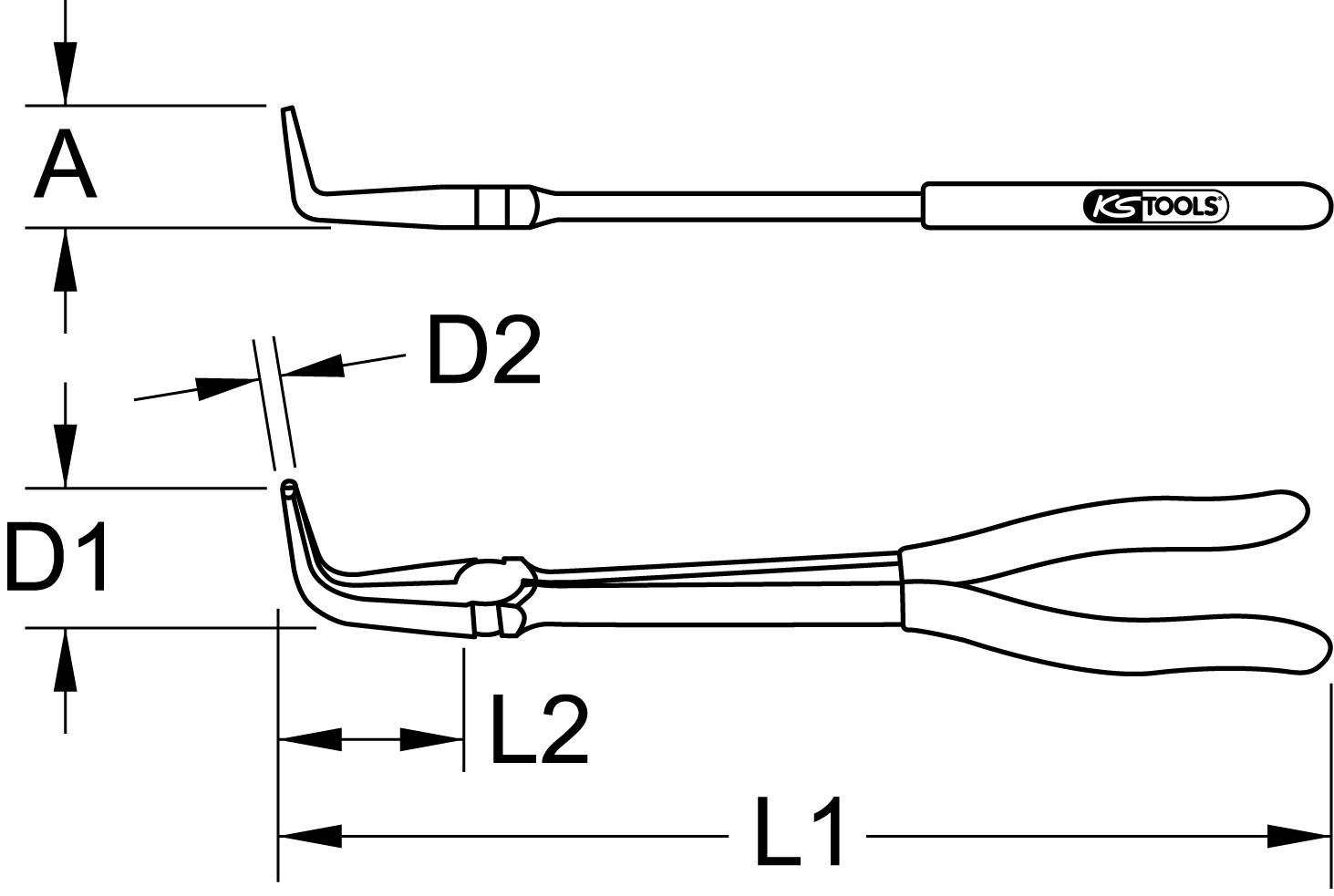 Teknisk ritning av en vinkelnyckel med dimensioner: A, D1, D2, L1, L2. Sido- och frontvy med KS Tools-logotyp.