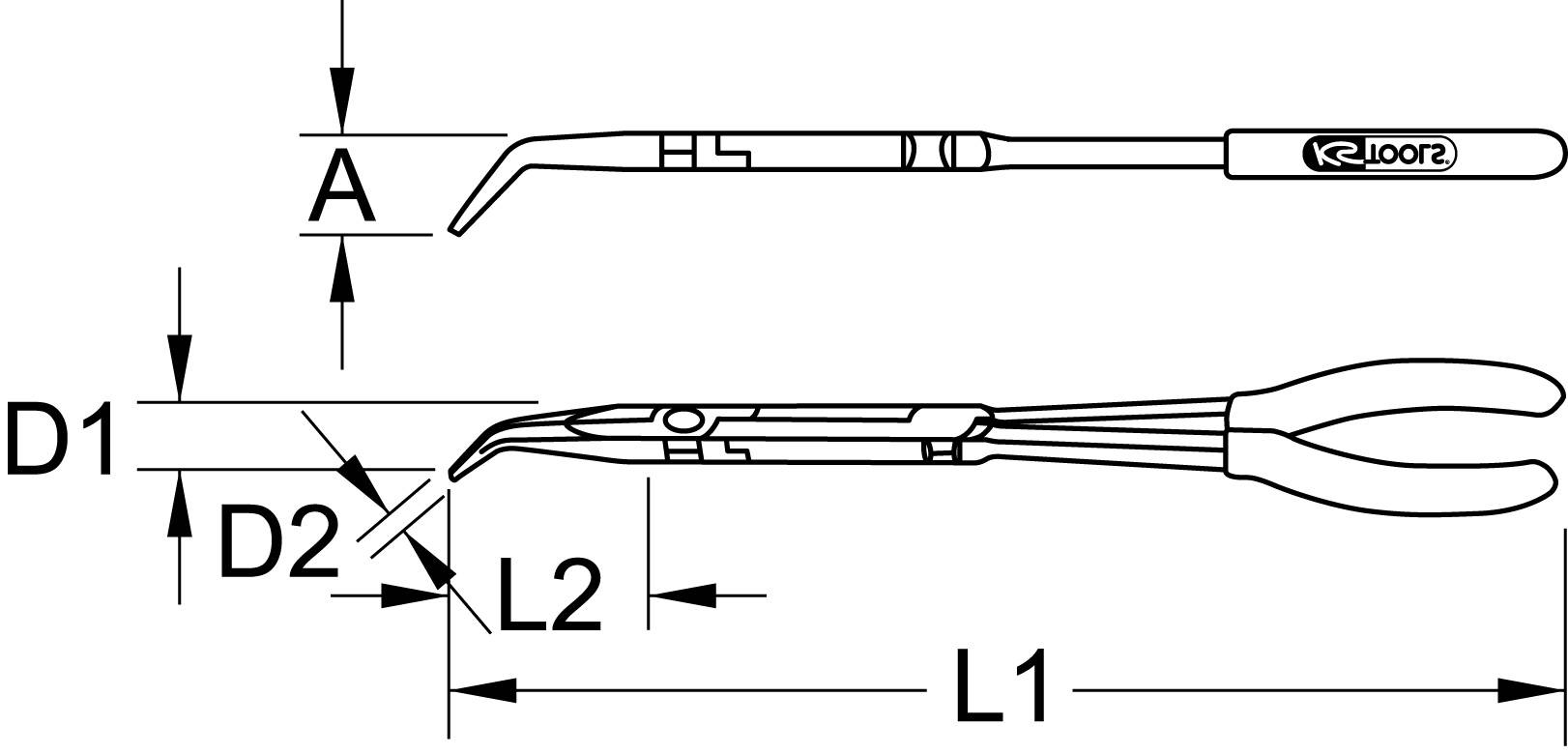 Teknisk teckning av ett dentalinstrument som visar två längdmått (L1, L2) och två diameter (D1, D2). Innehåller handtagsdetalj (A).