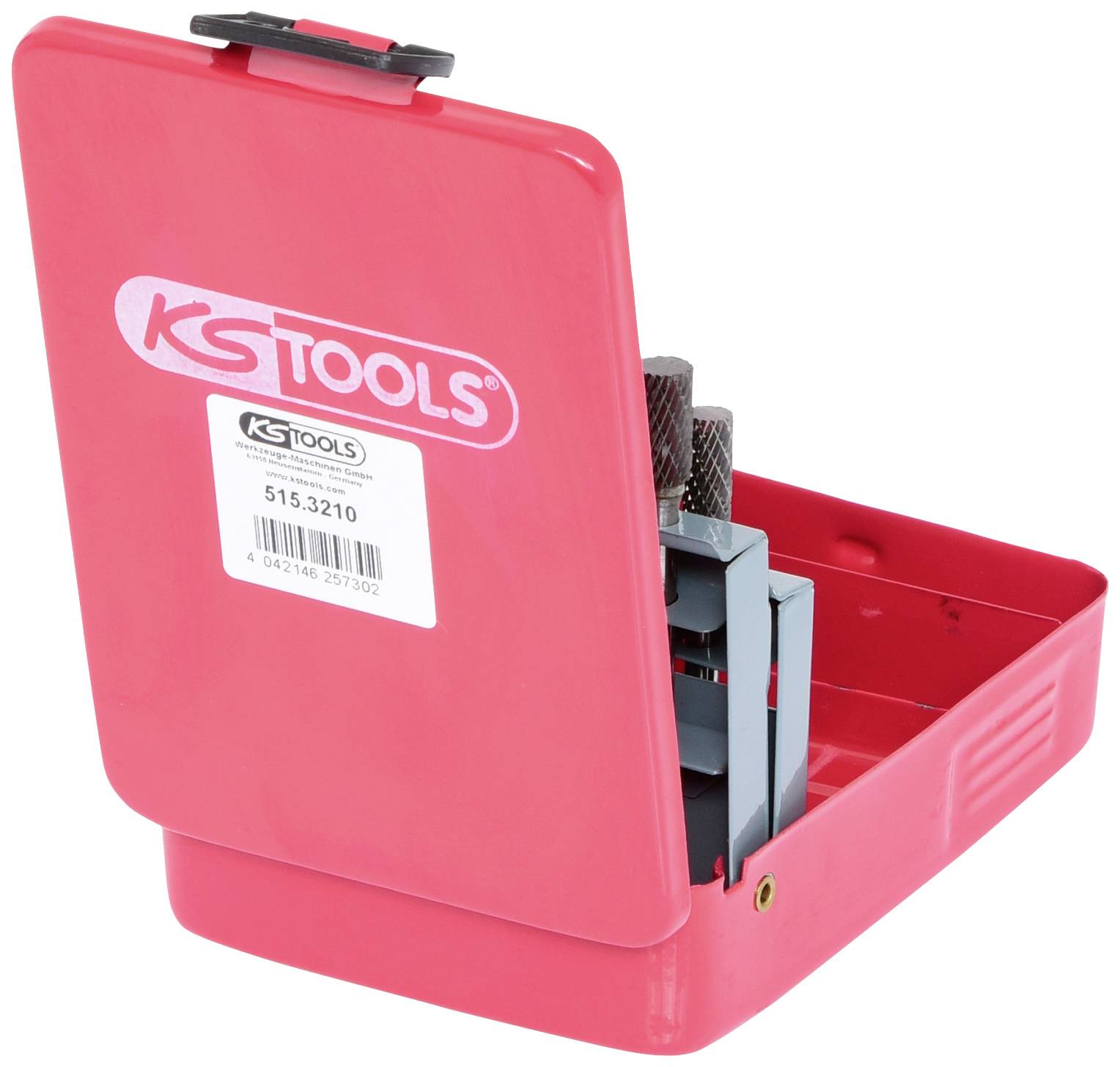Röd verktygslåda med 'KS Tools'-logotyp, visar invändig verktygsförvaring.