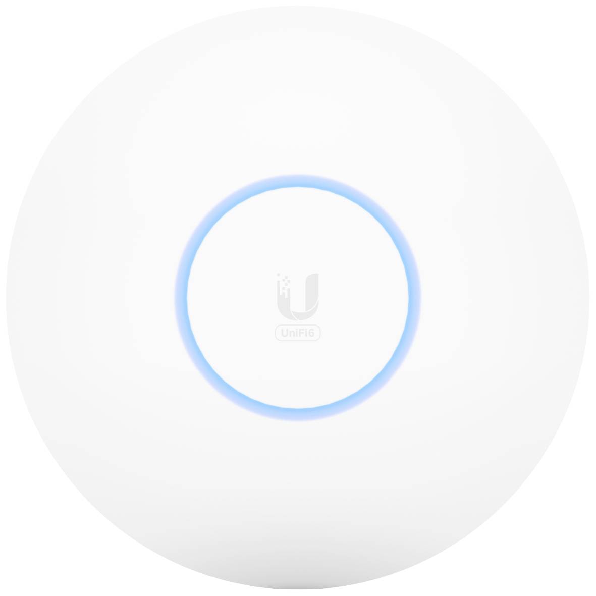 En vit, rund UniFi Access Point med en blå lysande ring i mitten.