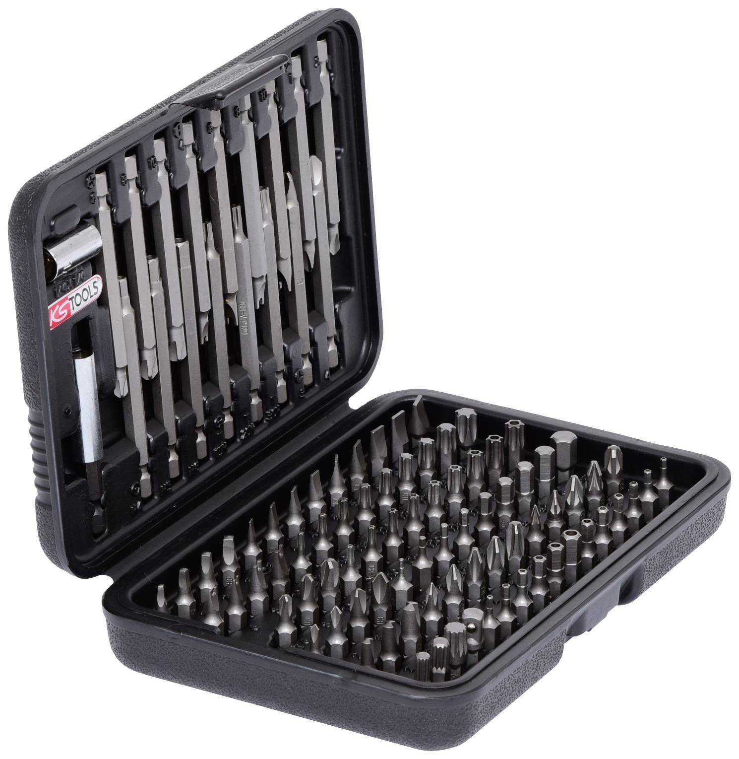 Ett öppet etui med ett omfattande skruvmejsel-bits-set. Olika bits är prydligt ordnade i rader.