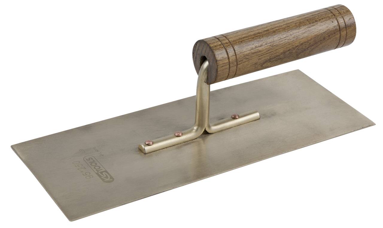 Slätspackel i metall med trähandtag, använd för att jämna ut betong- eller putsytor.