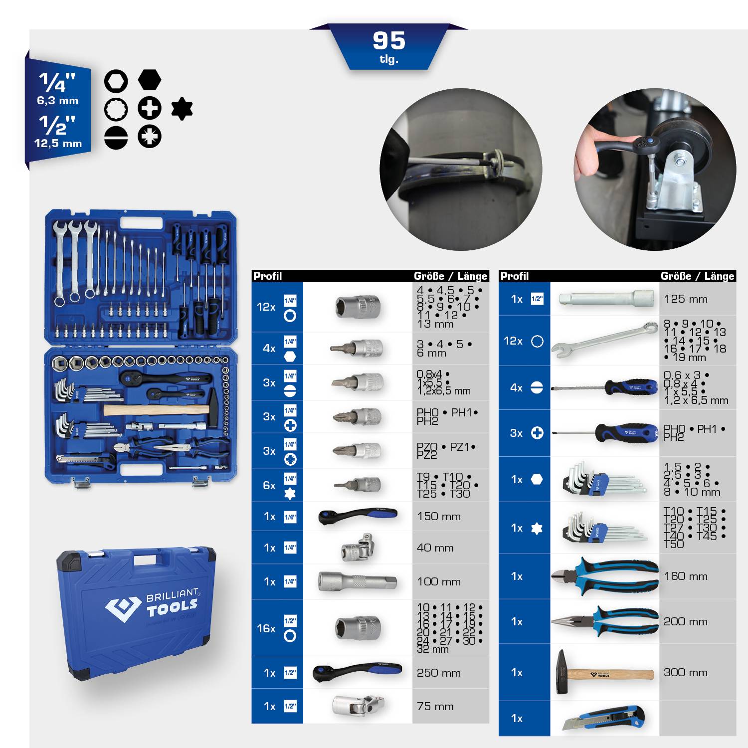 Verktygssats med öppna och klickbara spärrnycklar i olika storlekar. Innehåller tänger, skruvmejslar och adaptrar. Märke: Brilliant Tools.