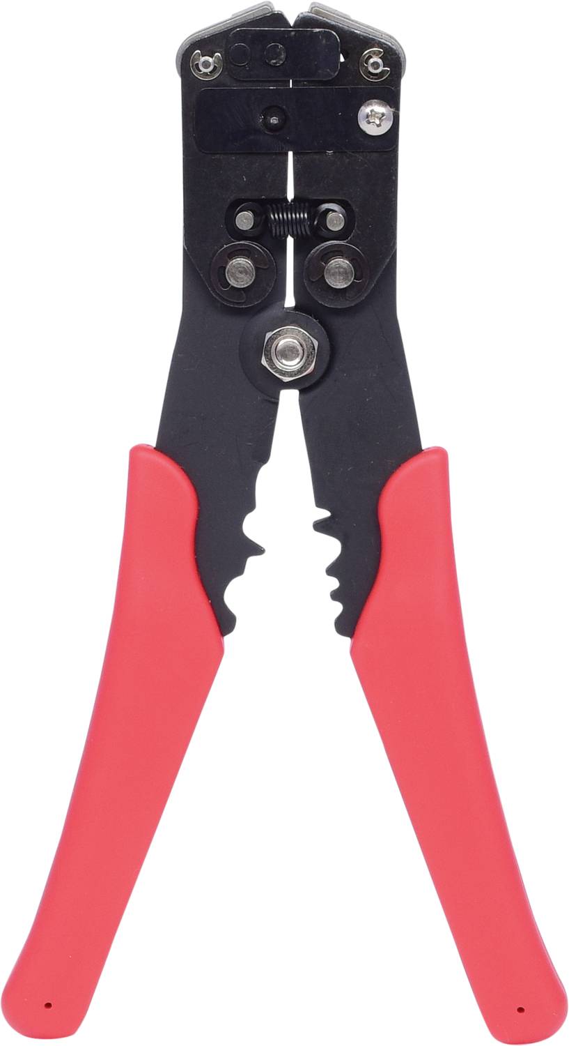 Avmantlingstång med röda handtag, lämplig för att ta bort isolering från trådar, visar grip- och skärmekanismerna.