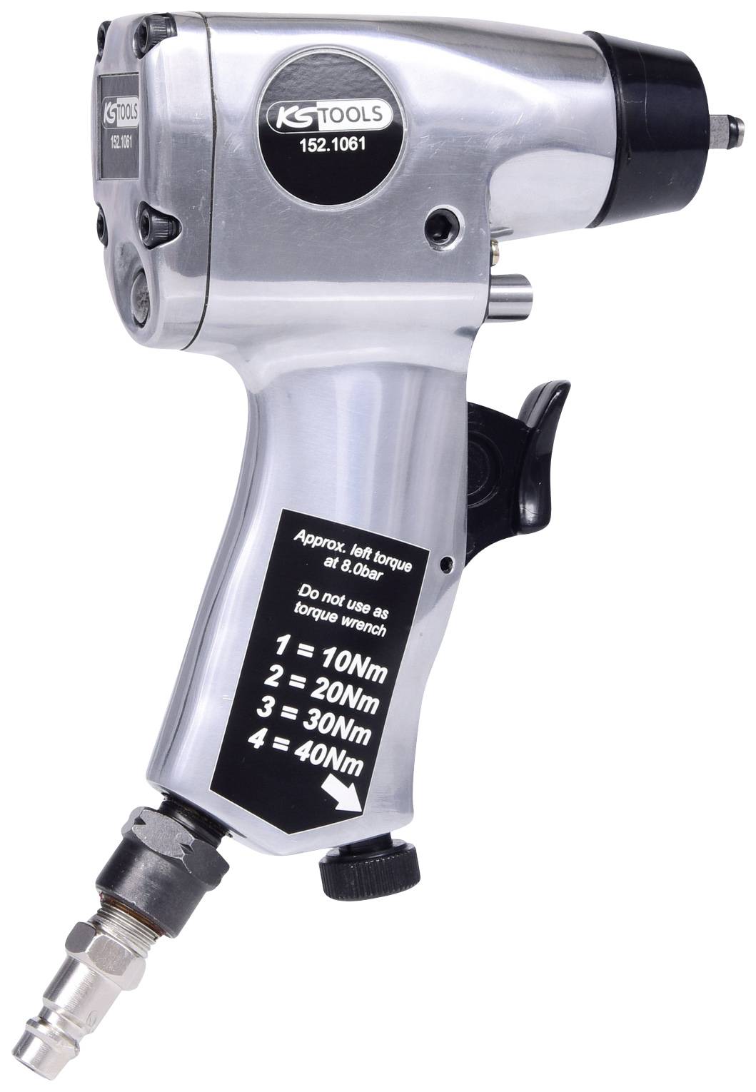 En tryckluftsdriven pistol av metall med svart märkning för vridmomentinställning. Text: '1 = 10 Nm, 2 = 20 Nm, 3 = 30 Nm, 4 = 40 Nm'.