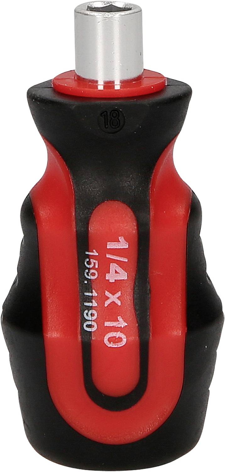 En liten, röd och svart skruvmejselhandtag med inskrifterna '1/4 x 10' och '19-1190'.