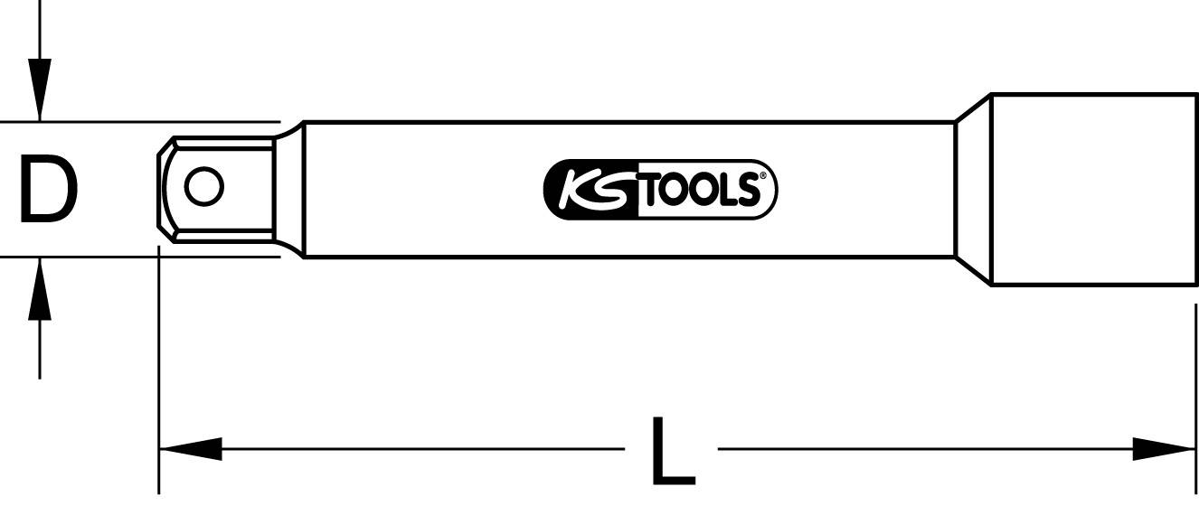 Illustration av en förlängningsstång med mätningar 'D' för diameter och 'L' för längd. I mitten står 'KS TOOLS'.