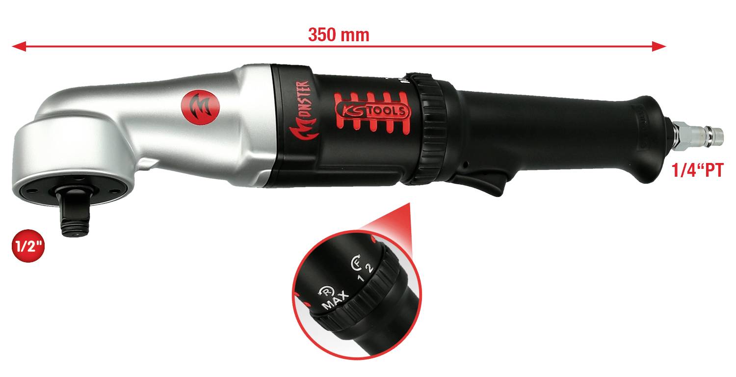 Tryckluftvinkelborr från KS TOOLS med en längd på 350 mm, utrustad med 1/4" anslutning och 1/2" drivstorlek.