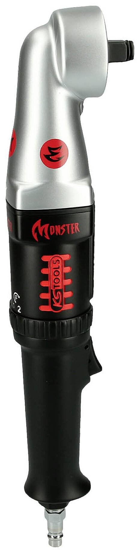Tryckluftmuterdragare med silverfärgat huvud och svart handtag. Rött 'Monster'-logo på svart hölje.