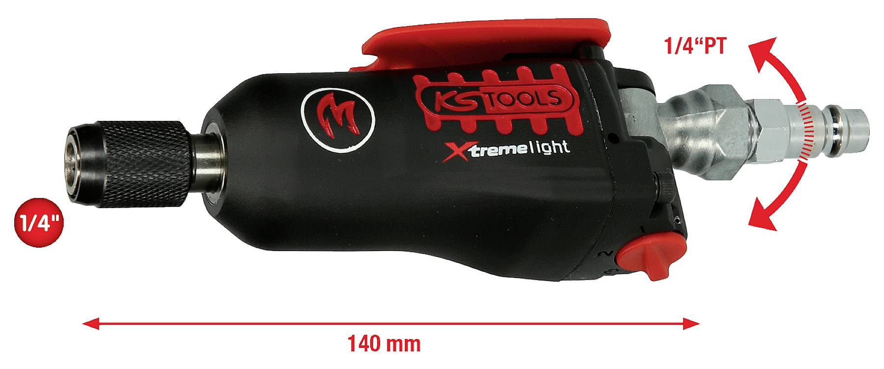Luftdrivna raka slipare i svart och rött, 140 mm långa, med 1/4" anslutning och ergonomiskt grepp för precisa arbeten.