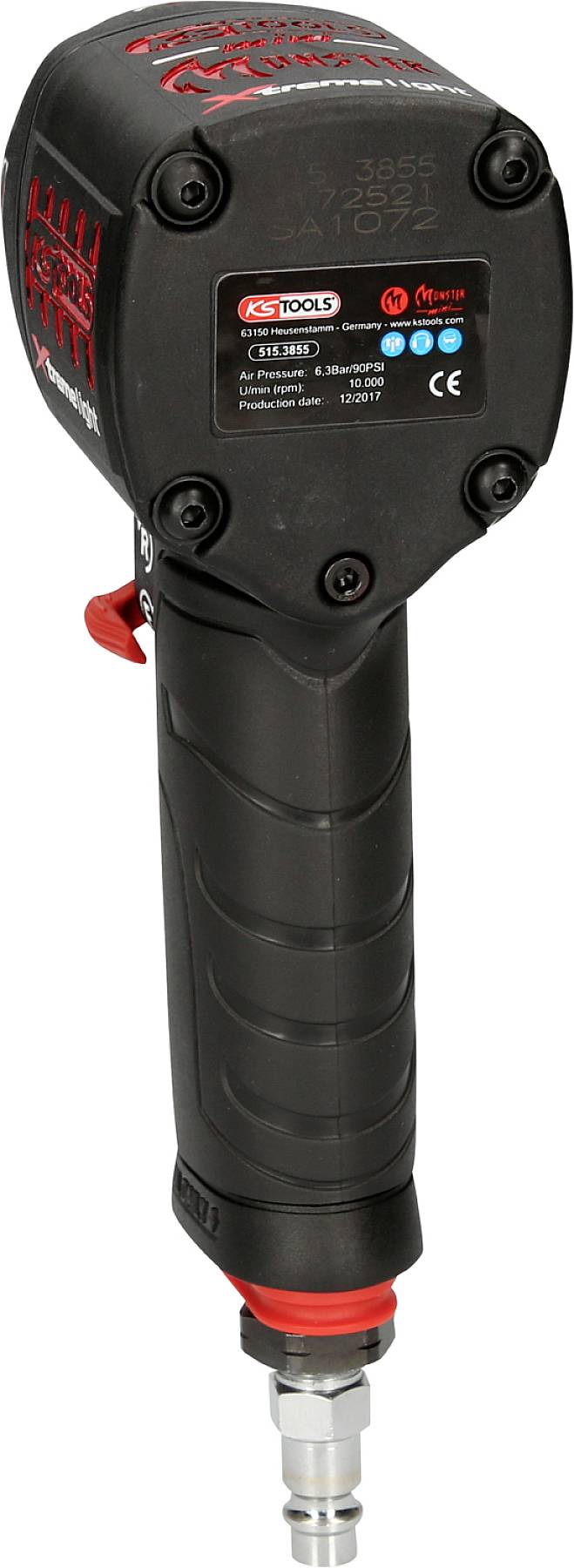 En svart pneumatisk slagskruvmejsel med röd strömbrytare och silverfärgat fäste.