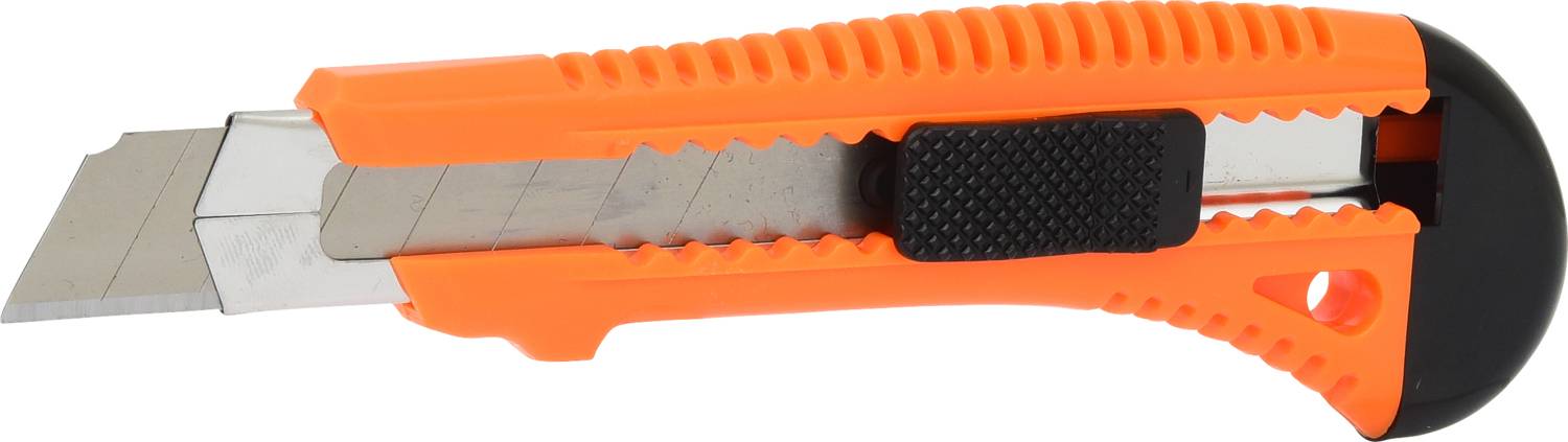 Ett utfällbart, orange mattkniv med svart handtag och silverfärgat blad, liggande på neutral bakgrund.
