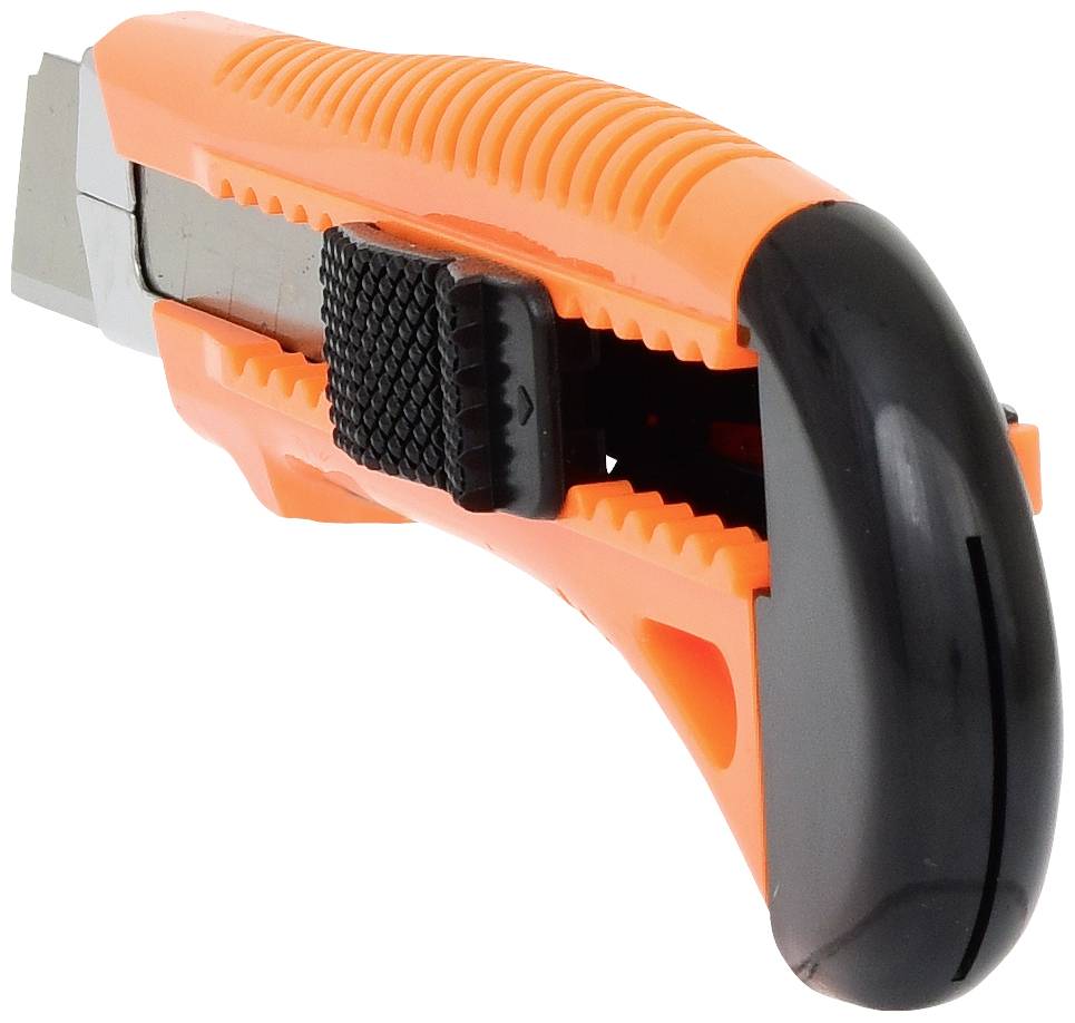 En orange-svart skärkniv med vass klinga och gummerat handtag, lämplig för precisionsklippning av material.