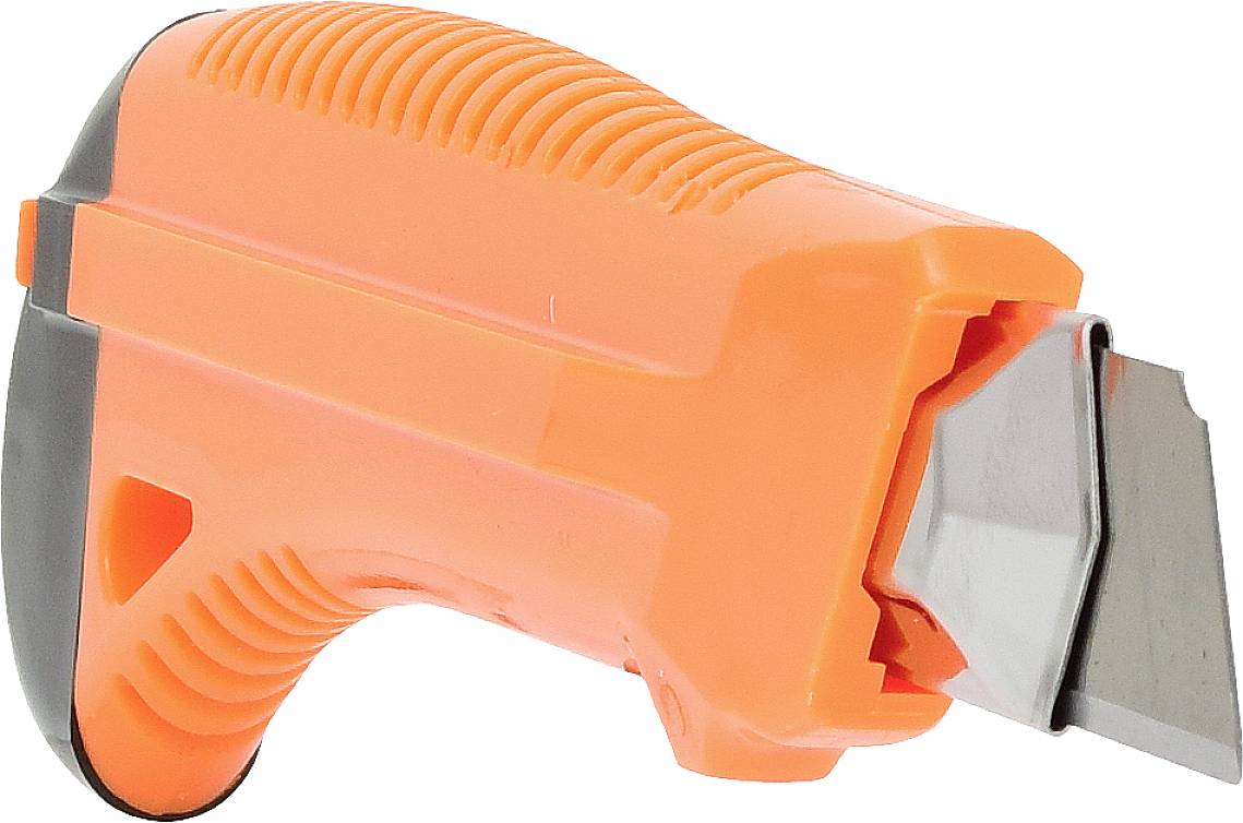 Ett orange-svart säkerhetsknivsverktyg med utdragbar klinga, ergonomiskt handtag och räfflor för bättre grepp.