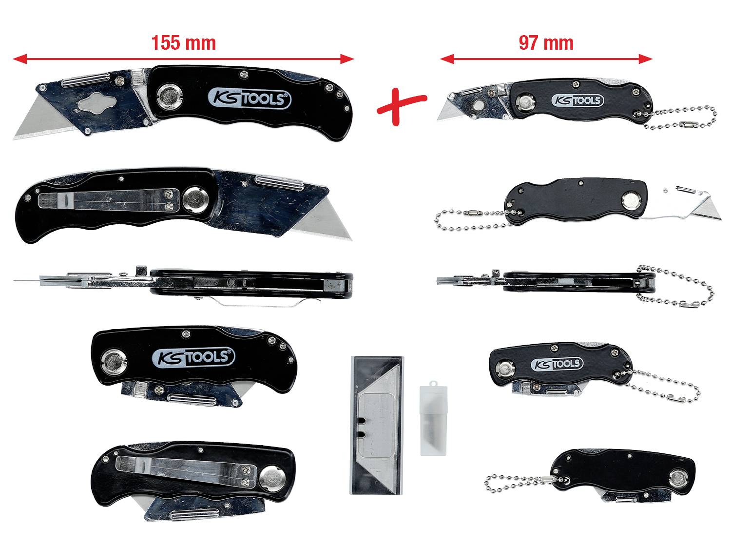 'KS Tools' universalkniv med blad och nyckelring. Öppnat och stängt läge samt reservblad synligt.