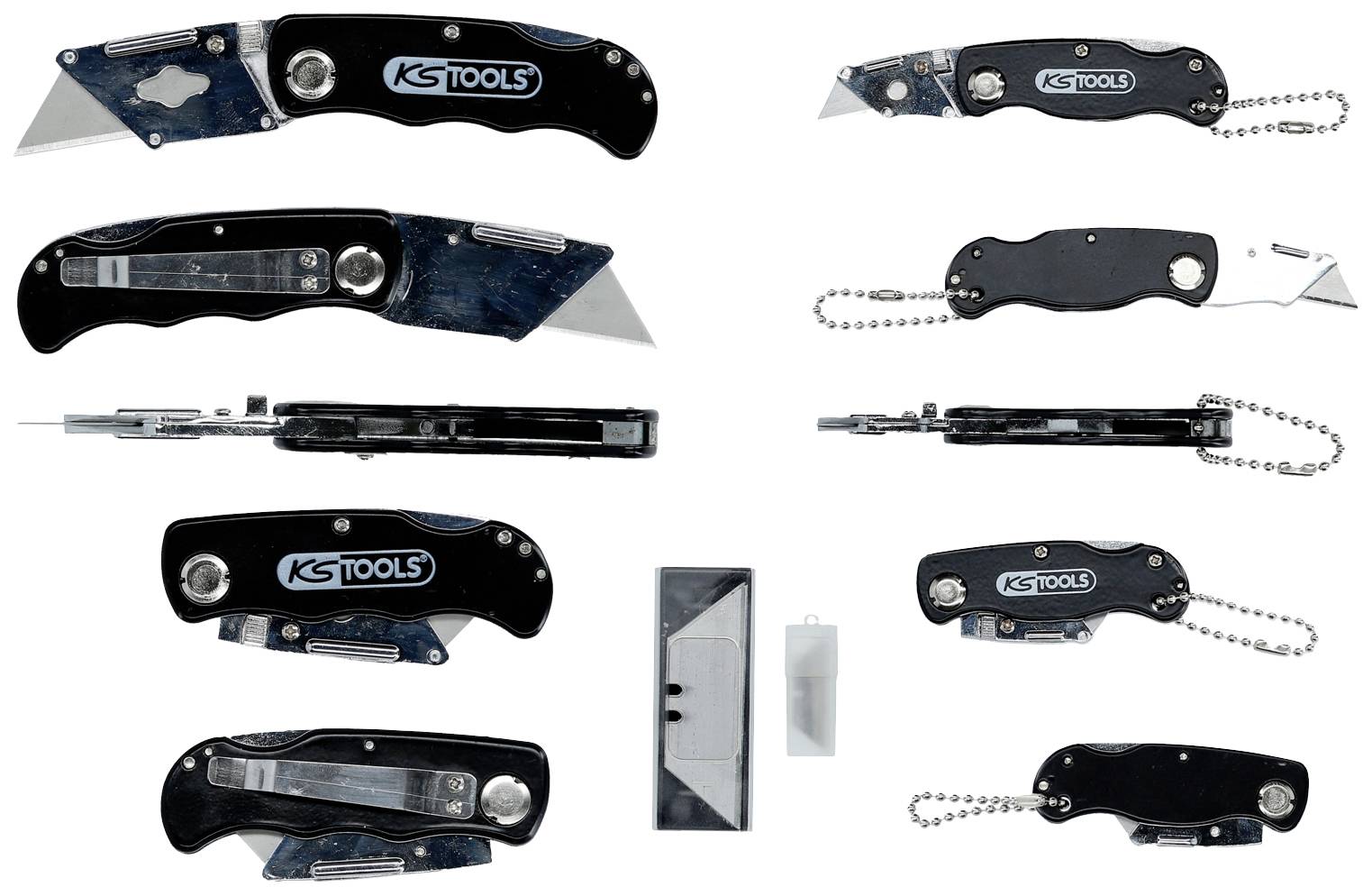 KS Tools-fällkniv med flera vyer, visar uppfällt och stängt design. Utrustad med knivblad och verktygslänk.