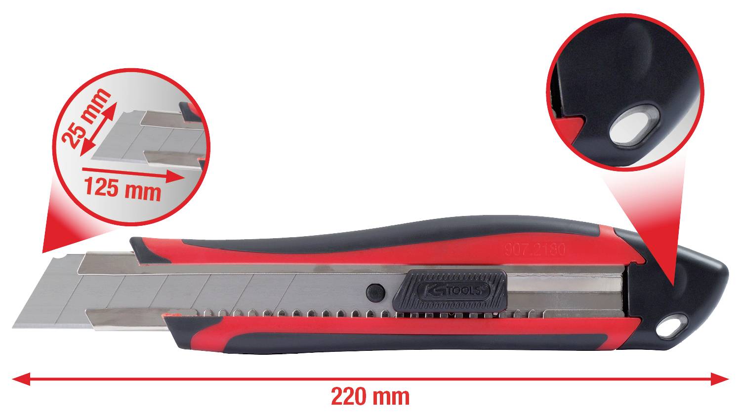 Avbildning av en 220 mm lång mattkniv med 25 mm blad. Närbild visar klingspärrmekanismen och handtagsdesignen.