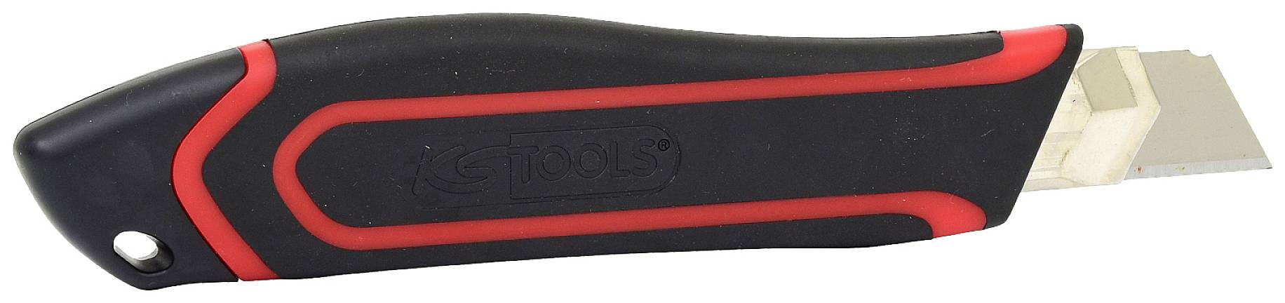 Ett svart skärkniv med röda detaljer. Den har ett synligt utstickande blad och en ergonomisk design.
