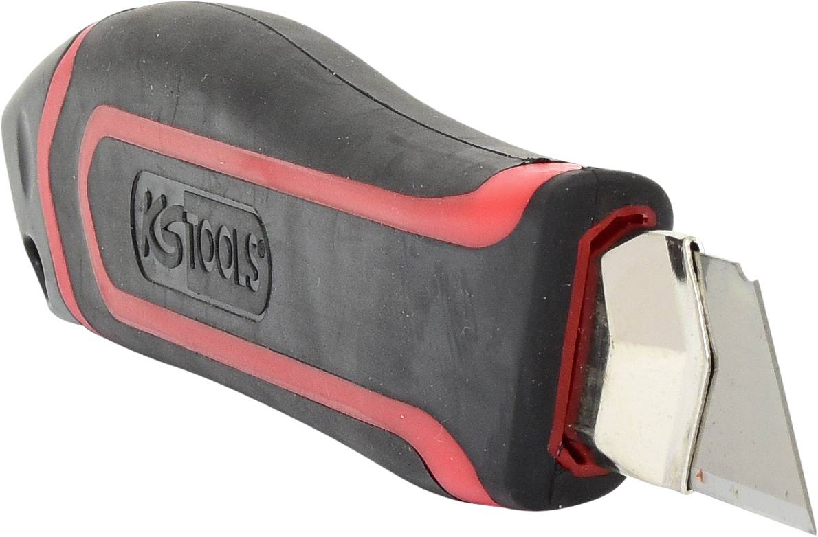 En svart skärkniv med rött handtag och utskjutande blad; lämplig för att skära papper, kartong eller förpackningar.