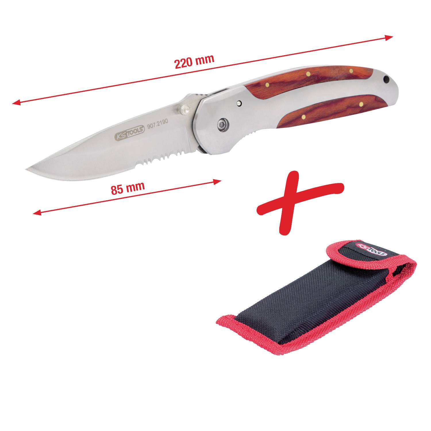 Fällkniv med en längd på 220 mm, tandad klinga på 85 mm, inklusive svart fodral med röd kant.