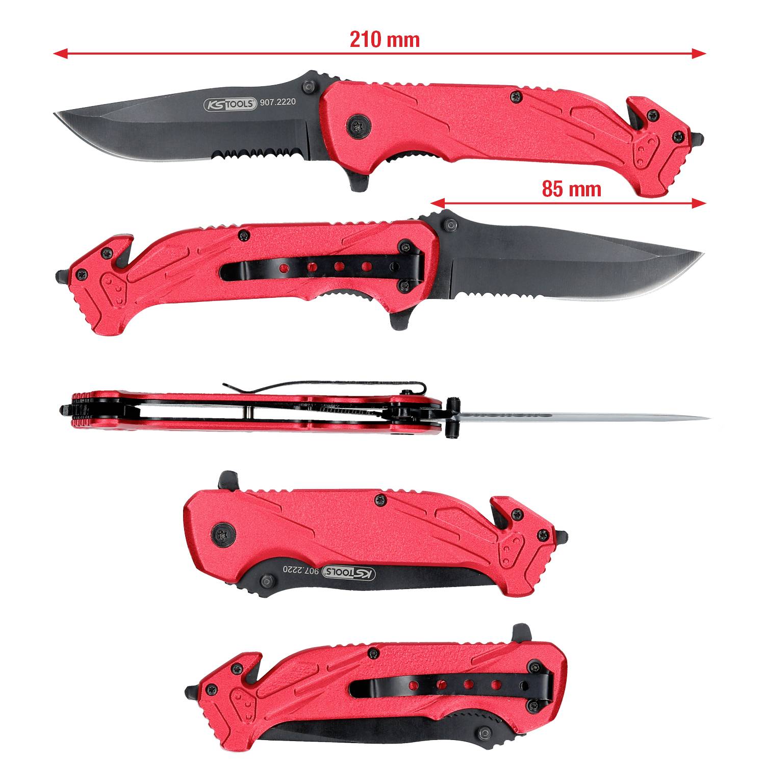Flera vyer av en röd-svart fällkniv med tekniska detaljer: Total längd 210 mm, handtag 85 mm.