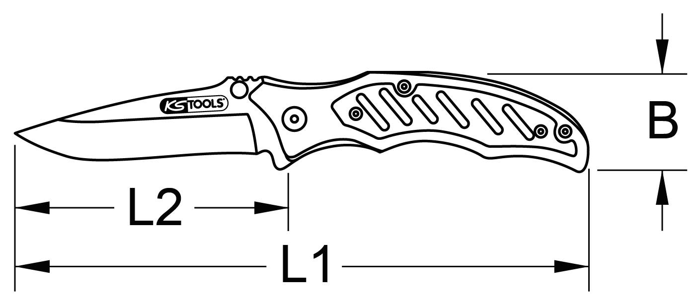 Fällkniv med öppet bladparti och ergonomiskt handtag. Märkt med 'KS Tools'. Mått: L1, L2 (längd) och B (bredd).