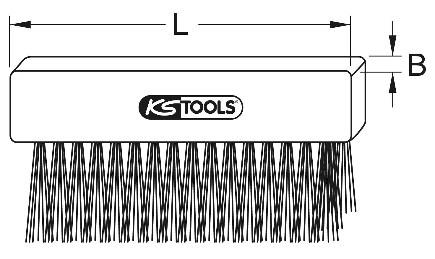 Ståltrådsborste från märket KS Tools med rektangulär handtag; mått L och B illustrerade. Lämplig för rengöring och ytbehandling.