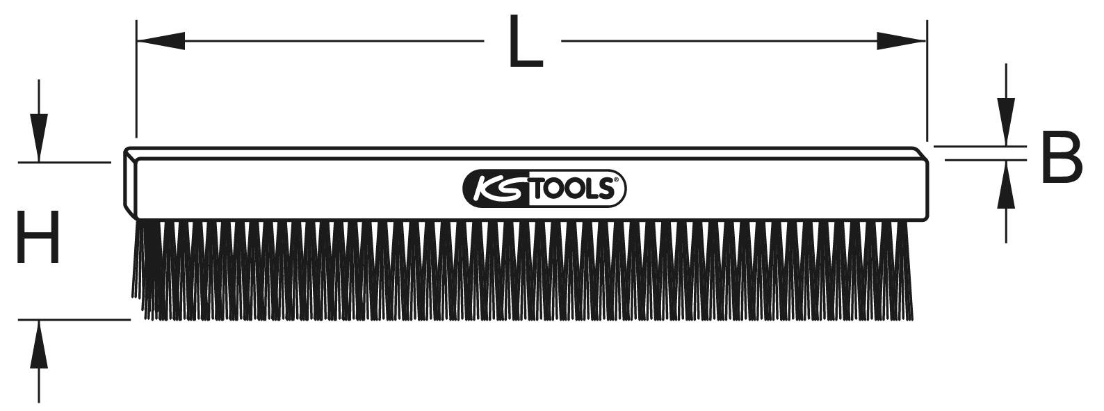 Illustration av en ståltrådsborste från KS Tools, visar dimensionerna L för längd, H för höjd och B för bredd.