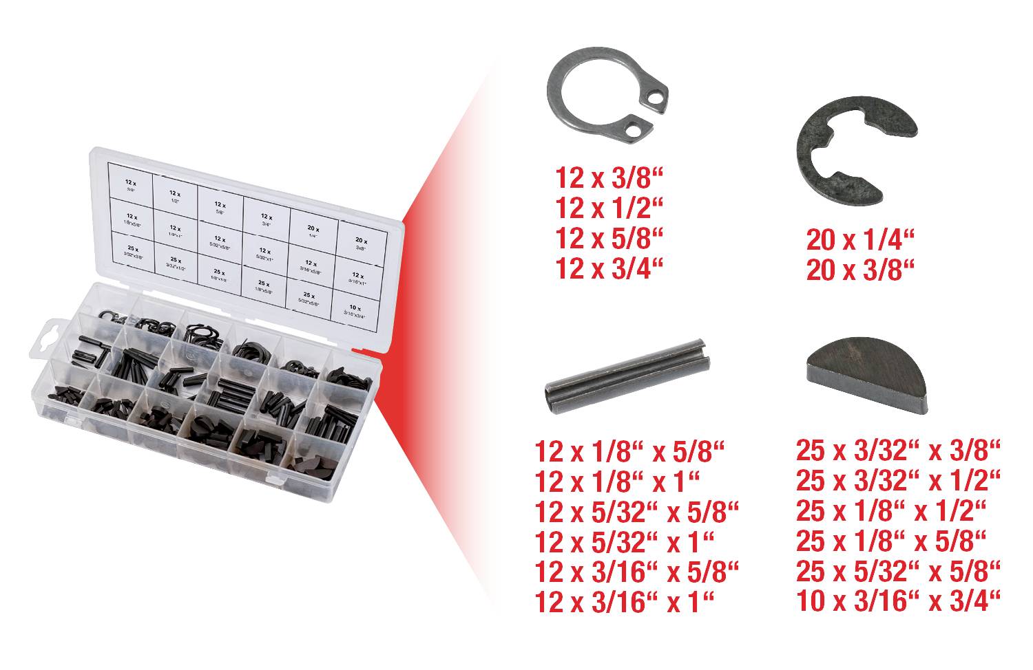 Plastlåda med sorterade metalldelar i olika storlekar och former, däribland ringar, stift och axelfjädrar.