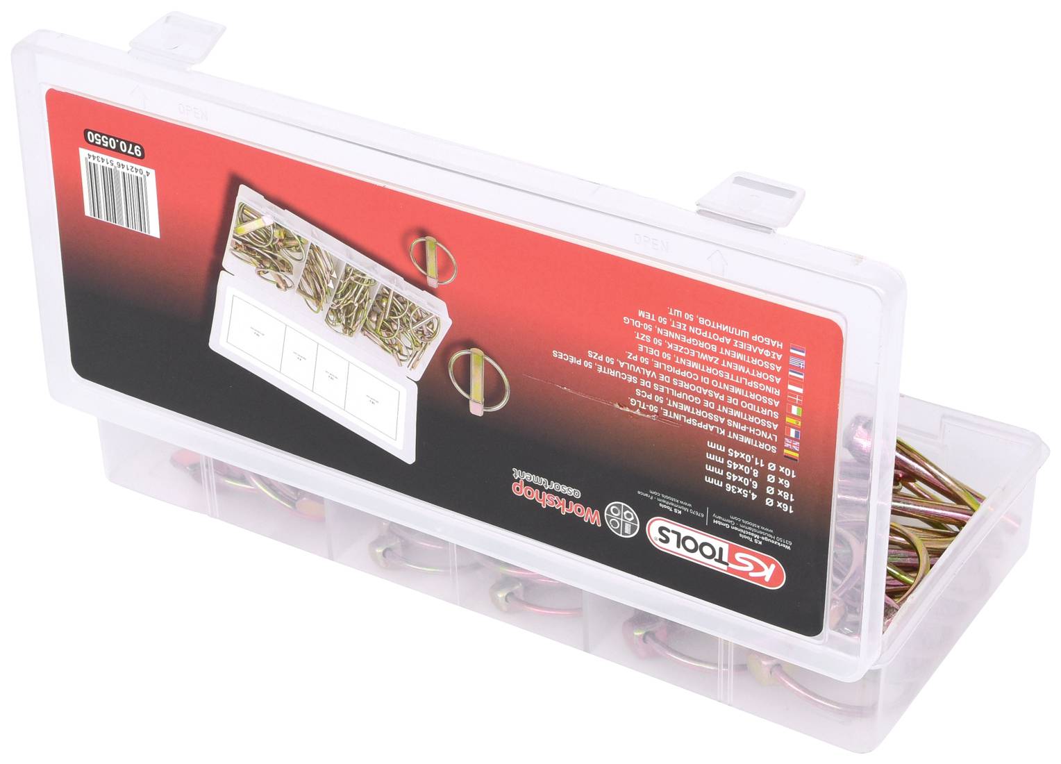 Transparent box with various metal hooks, brand name on a red label. Box is slightly open, revealing sorted hooks inside.