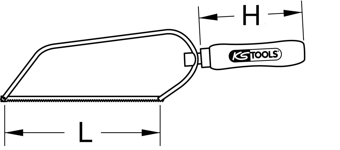 Illustration av en handsåg med handtag. Mått: Längd (L) och höjd (H) är markerade. Märket 'KS Tools' syns på handtaget.