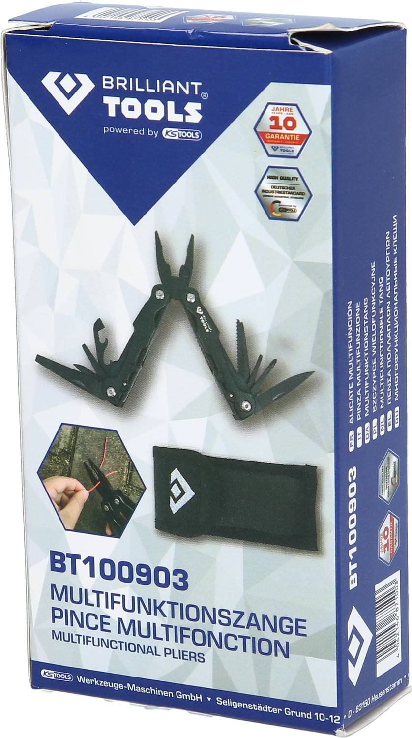 'Brilliant Tools BT100903 Multiverktyg' förpackning med bild av tången, fodral och information om 10 års garanti.