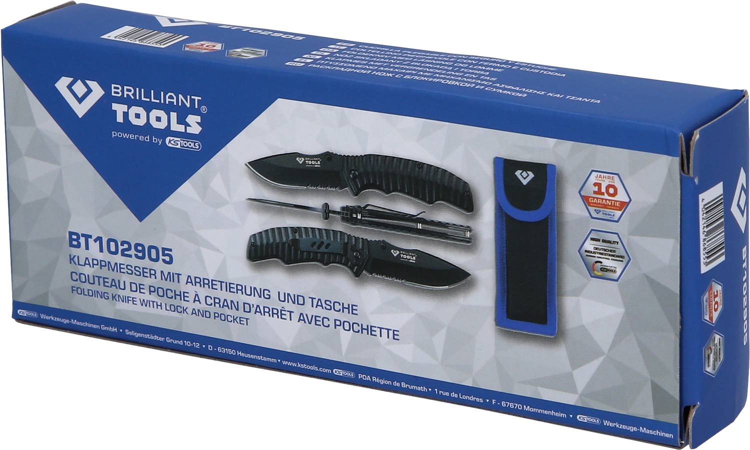 Brilliant Tools Fällkniv BT102905 med låsning och fodral, avbildad på en blå förpackning med produktinformation.