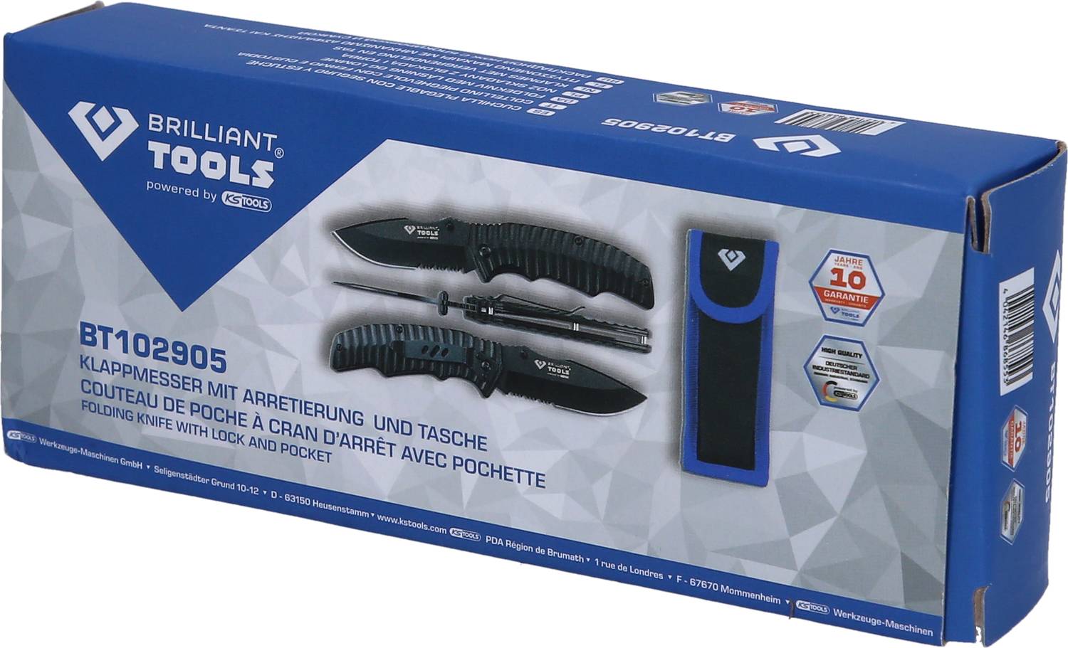 Förpackning för en fällkniv från Brilliant Tools. Innehåller en kniv med låsningsfunktion och ett fodral. Modellnummer BT102905.
