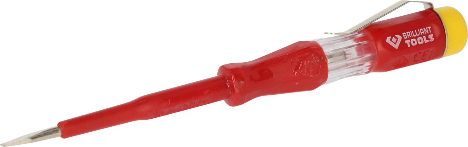 En röd spänningsprovare med gult ände och påskriften 'BRILLIANT TOOLS', använd för att kontrollera elektriska spänningar.