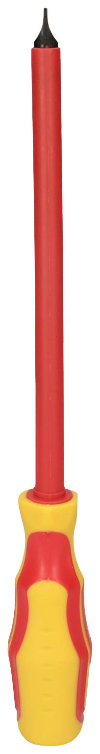 En isolerad skruvmejsel med rött handtag och gult skydd för elarbeten, lämplig för elsäkerhet.