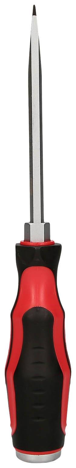 En röd och svart skruvmejsel med ett långt, smalt metallhuvud och ett ergonomiskt handtag. Lämplig för precisionsarbeten.