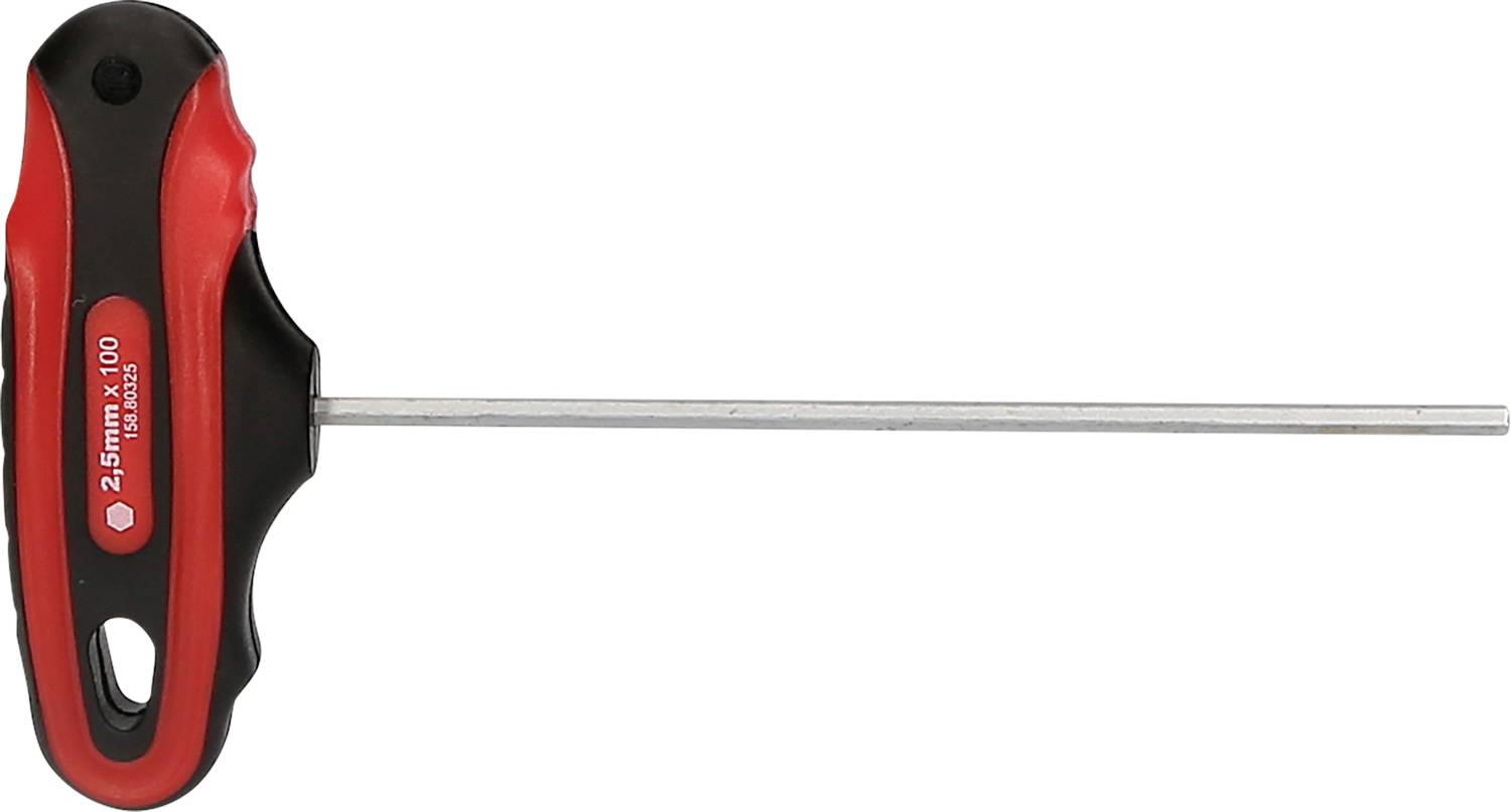 T-Griffnyckel i rött och svart, längd 100 mm, storlek 2,5 mm. Designad för bekvämt grepp vid precisionsarbeten.