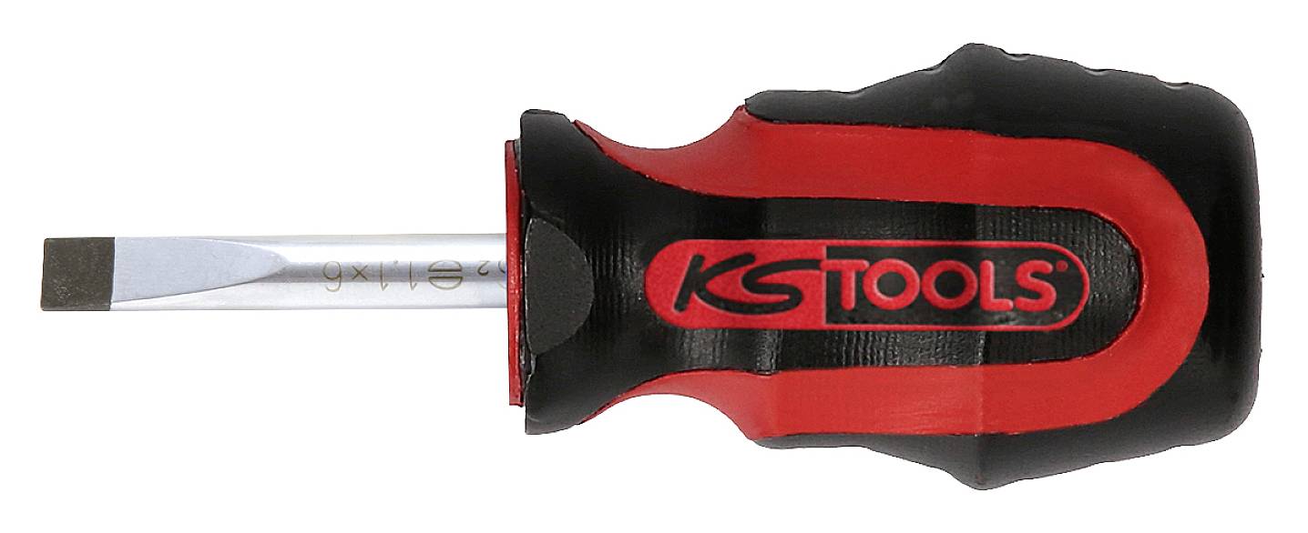 Skruvmejsel med röd och svart handtag, flat klinga. Märkeslogotyp 'KS Tools' synlig på handtaget.