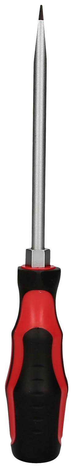En svart och röd skruvmejsel med en lång, smal metallpinne och ett ergonomiskt handtag.