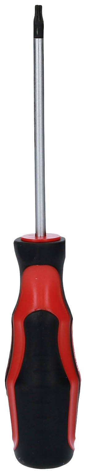 En lång skruvmejsel med ett svart och rött ergonomiskt handtag, lämplig för precisionsarbeten.