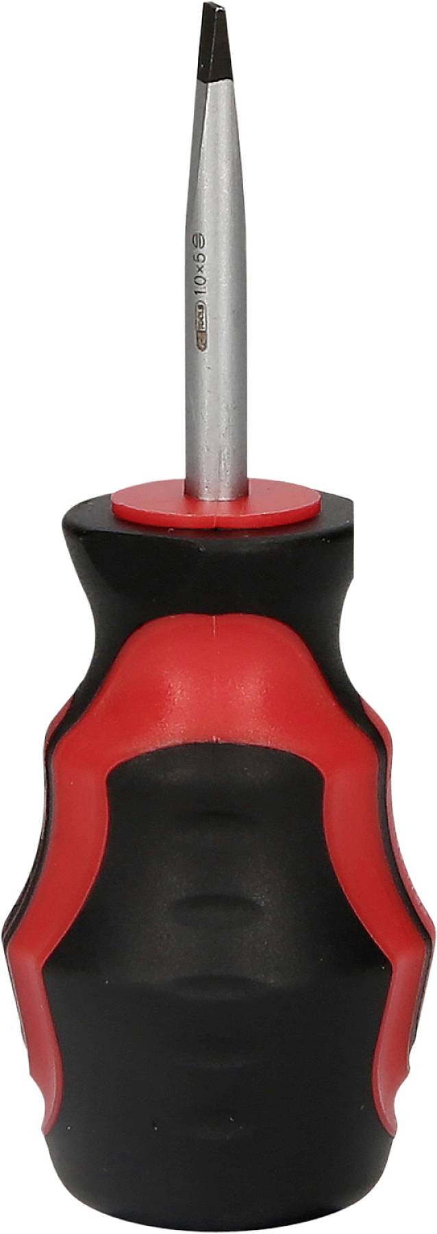 En svart och röd skruvmejsel med ergonomiskt handtag och krysspår på vit bakgrund.