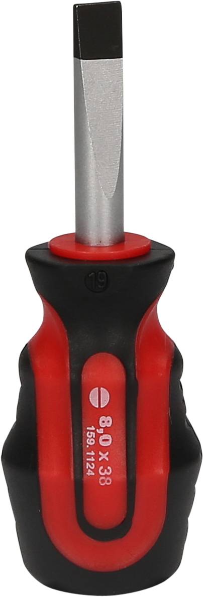 En platt skruvmejsel med ergonomiskt, svart-rött handtag. På handtaget står '8.0 x 38'. Lämplig för breda skruvar.