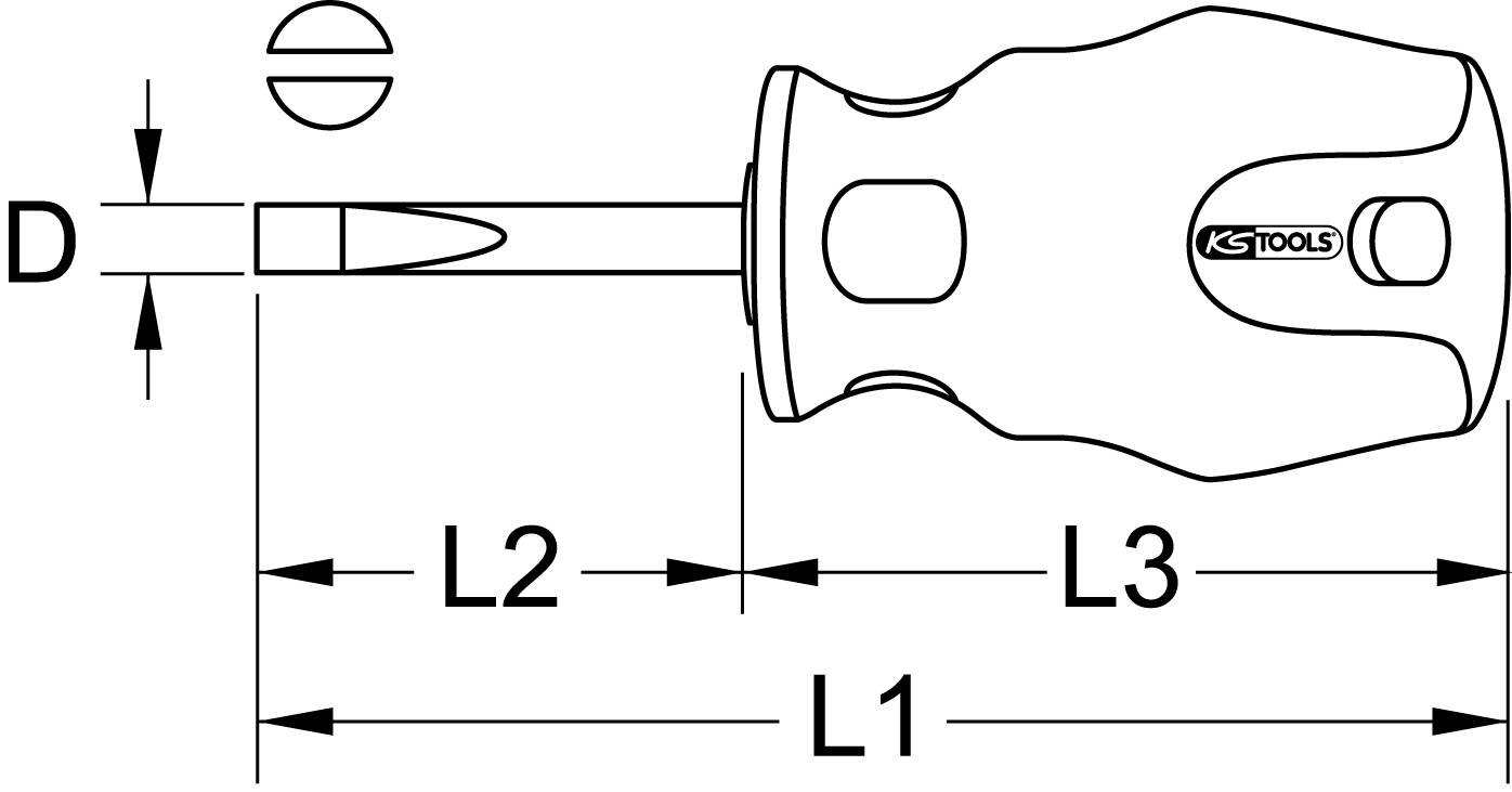 Teknisk ritning av en skruvmejsel med storleksangivelser: D, L1, L2, L3. Huvudfunktioner och mått illustrerade.