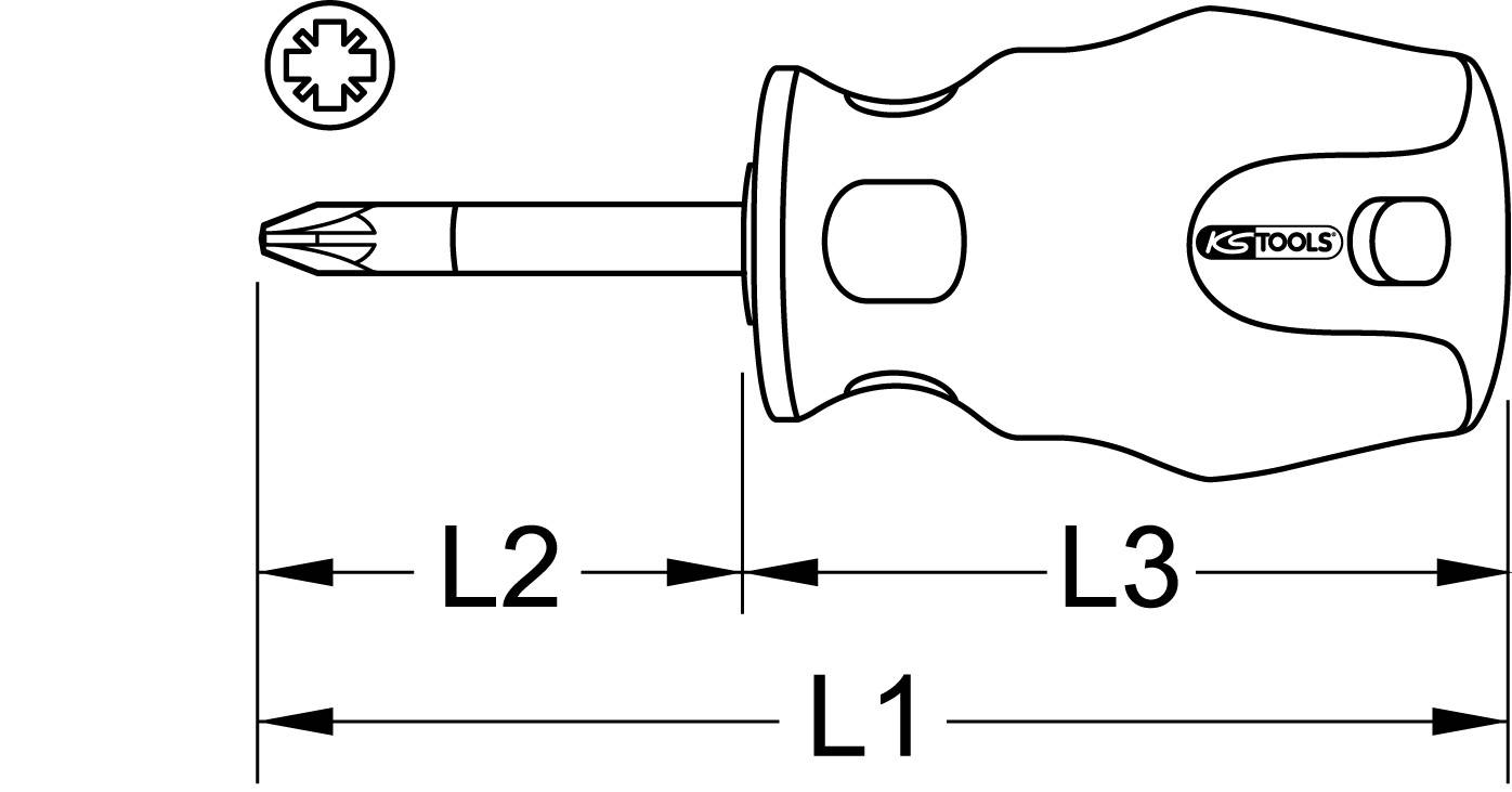 Kryssmejsel med markerade dimensioner: L1, L2, L3. Teknisk ritning med tillverkarens logotyp på handtaget.