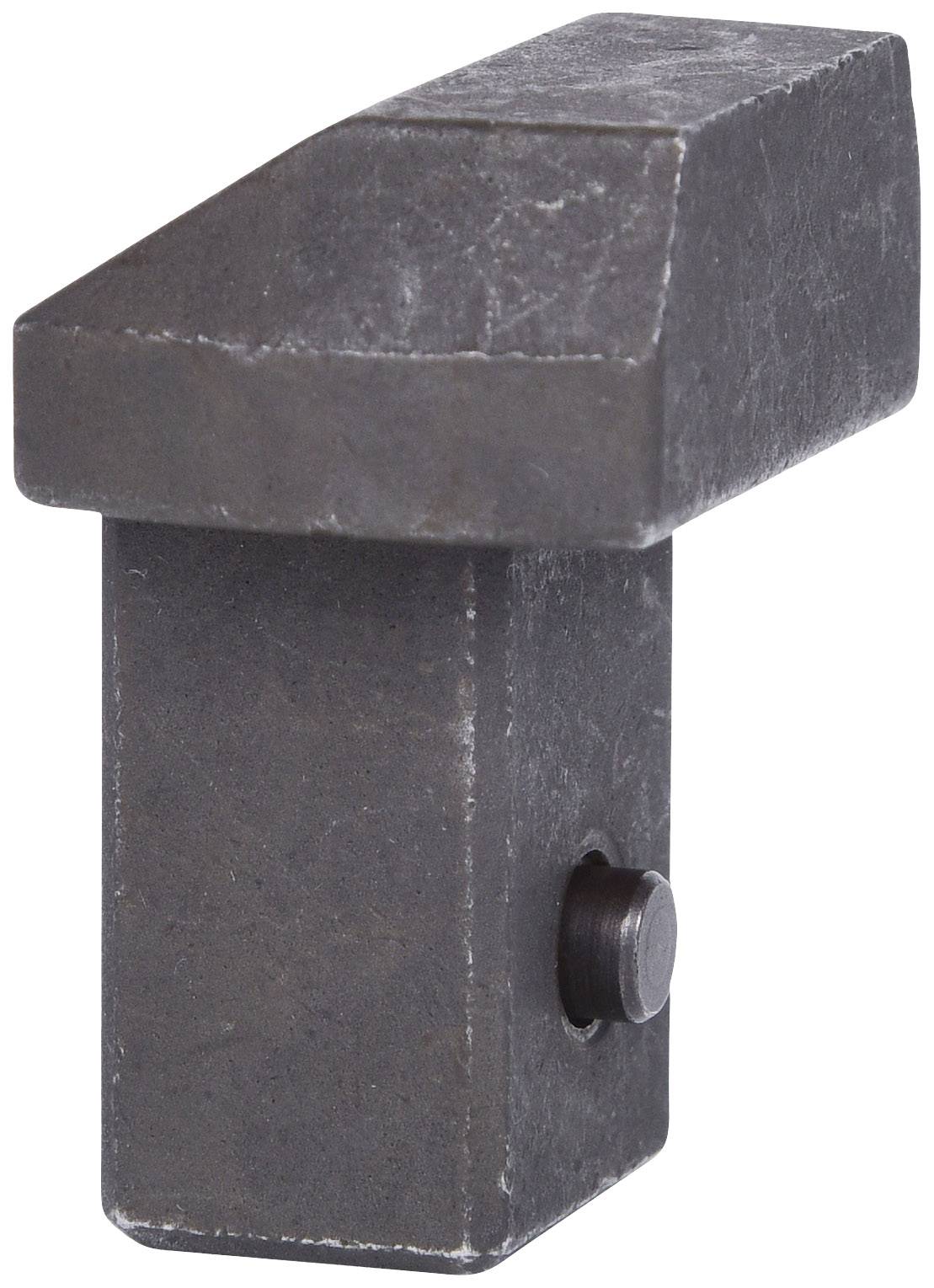 Ett block av svartgrått metall med fasad ovansida och en rund bult på sidan.