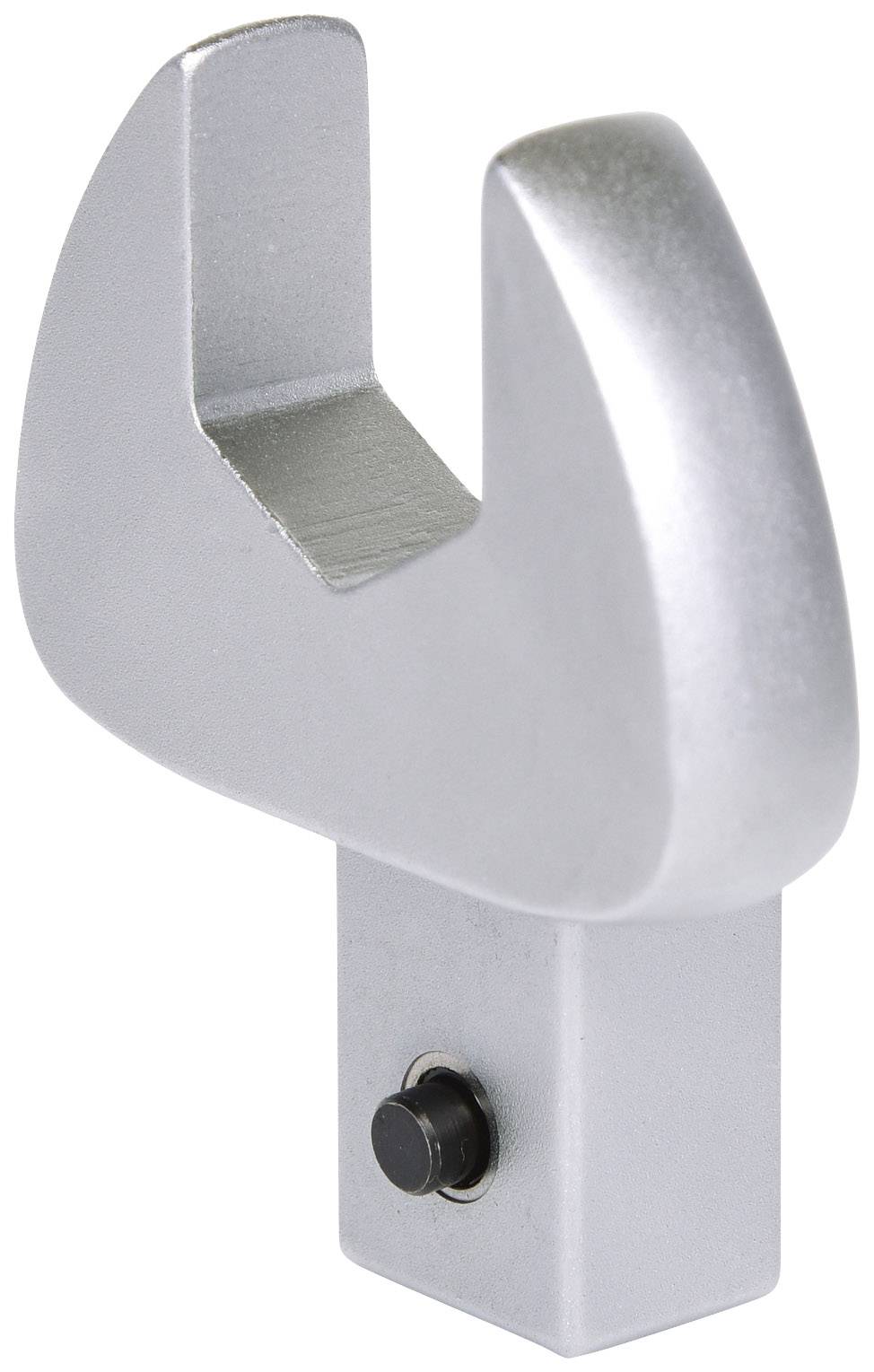 Skruvnyckelinsats av metall i C-form, med en rektangulär bas och en liten svart knapp under.